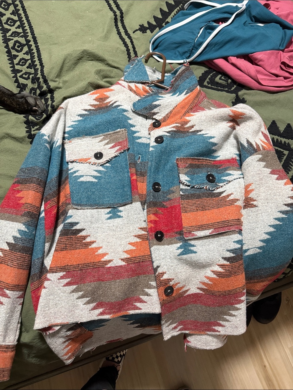 LA MIEL Aztec Utility Jacket in Teal, Rust & Cream